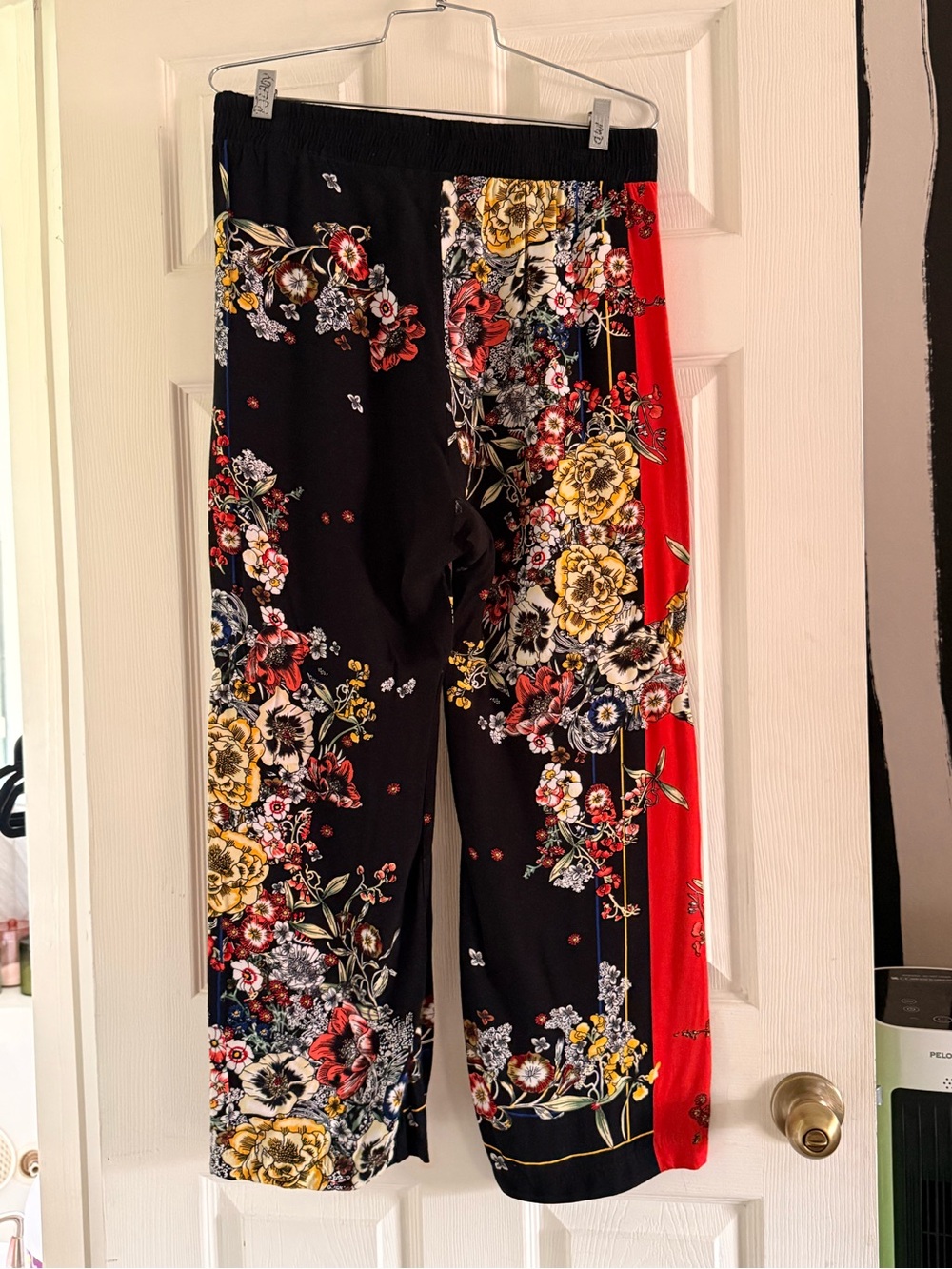 Black Floral Wide-Leg Pants with Red Side Panel